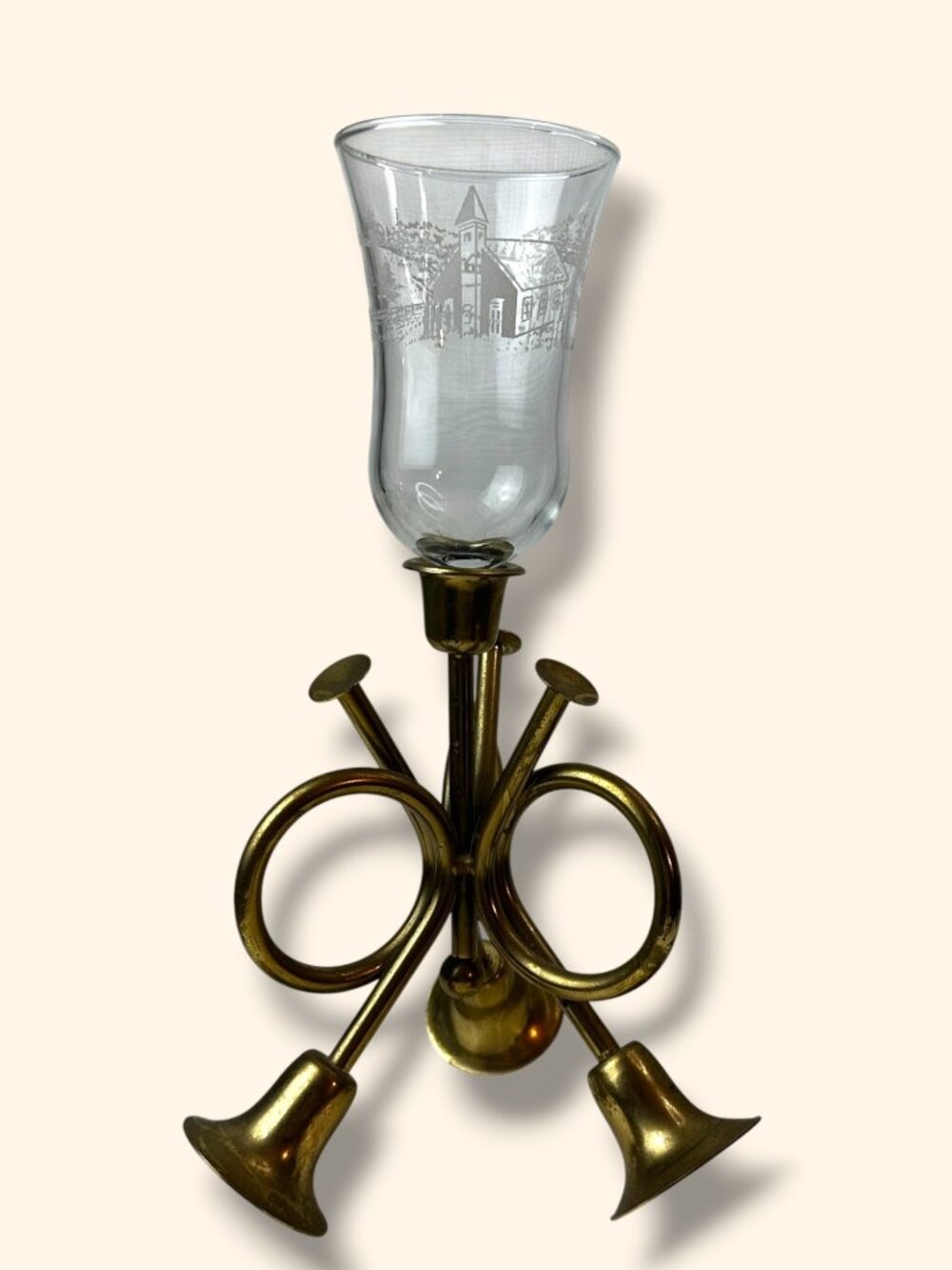 With Triple Brass Horn w/ Home Interiors Clear Glass Etched Hurricane Votive Win